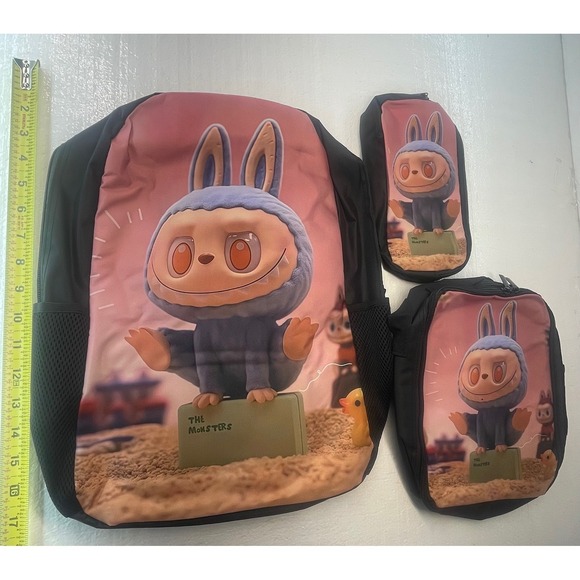 Labubu The Monsters Backpack 3 Piece Set School Bag Pencil Case Coin lunch‎ Bag - Picture 1 of 4